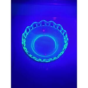 Vintage Green Depression, Uranium Glass Bowl, Lace Edge Lancaster Glass